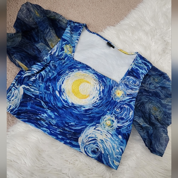 SHEIN | Tops | Vincent Van Gogh Shein Mod Allover Print Puff Sleeve Crop  Blousei | Poshmark